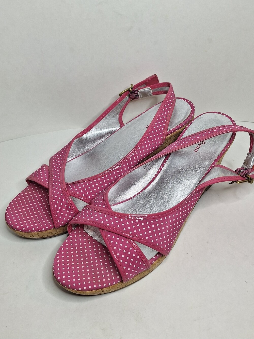 L.L. Bean Polka Dot Cork Wedge Sandals Pink Fabric Leather Women's Size 8 US